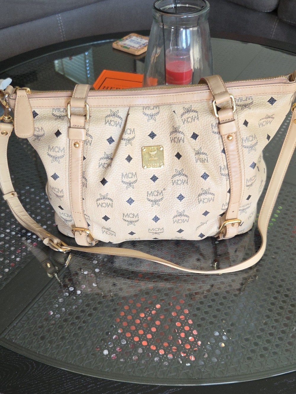 MCM Beige Logo-Print Canvas Shoulder Bag with Gold Hardware